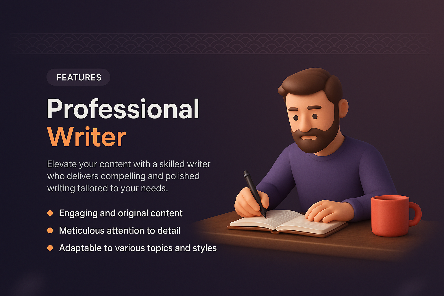3D Illustration of a Professional Writer with Features Description