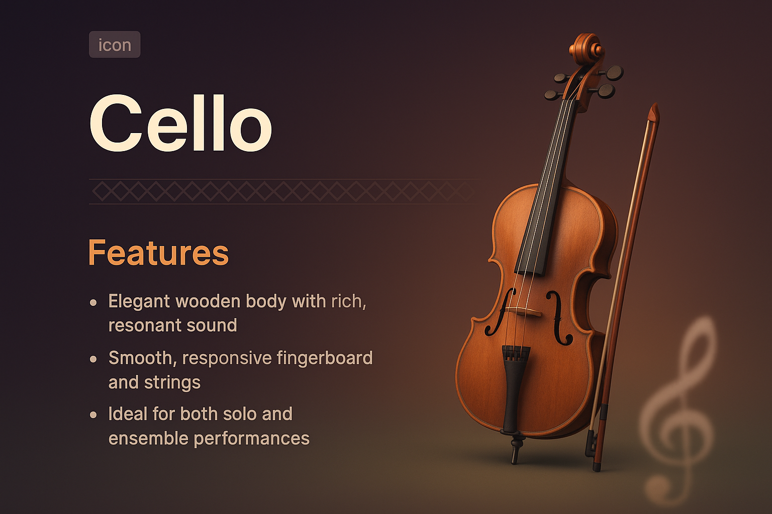 Elegant 3D Cello Illustration with Features Overview