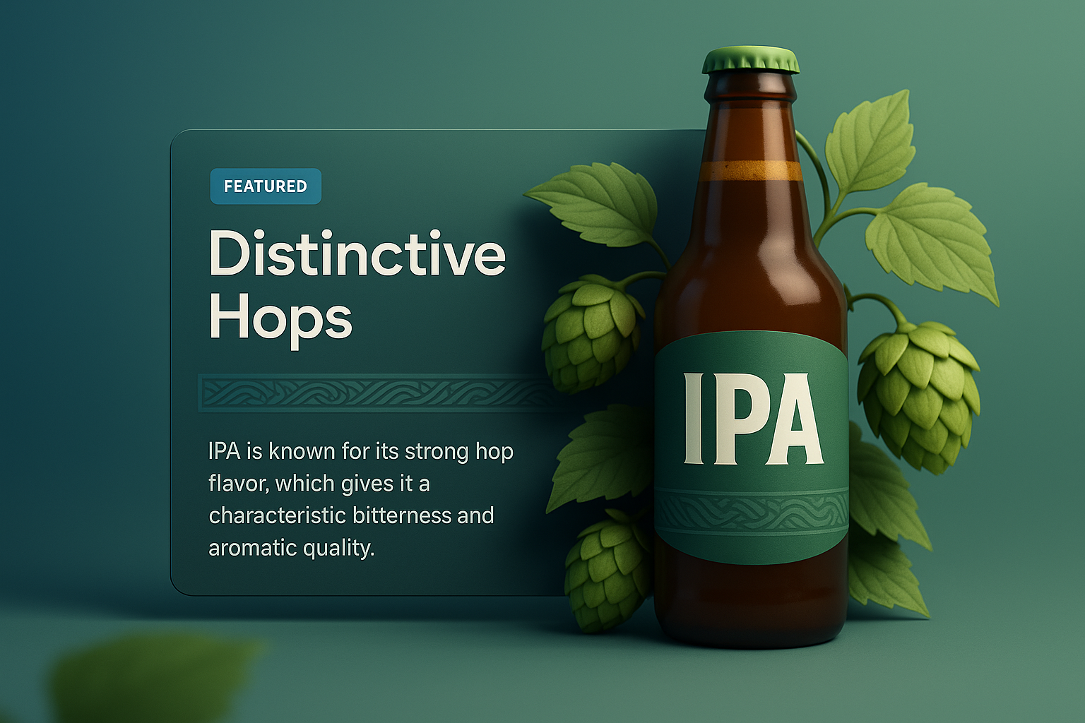 3D Illustration of IPA Bottle with Hops and Features Block