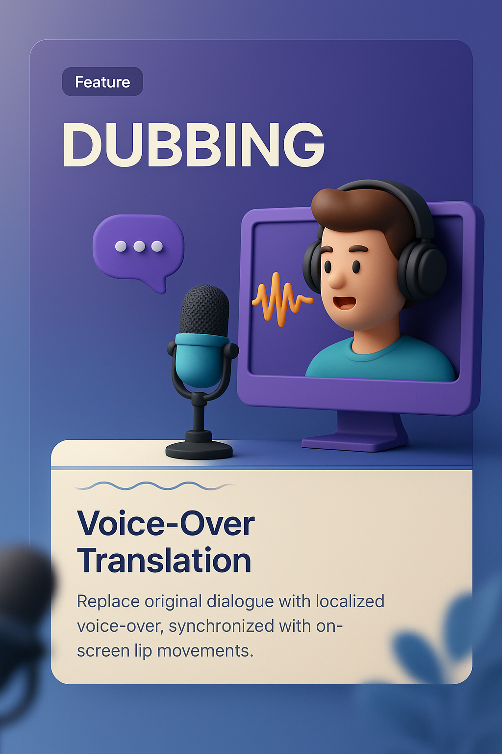 3D Illustration of Dubbing Feature with Voice-Over Translation