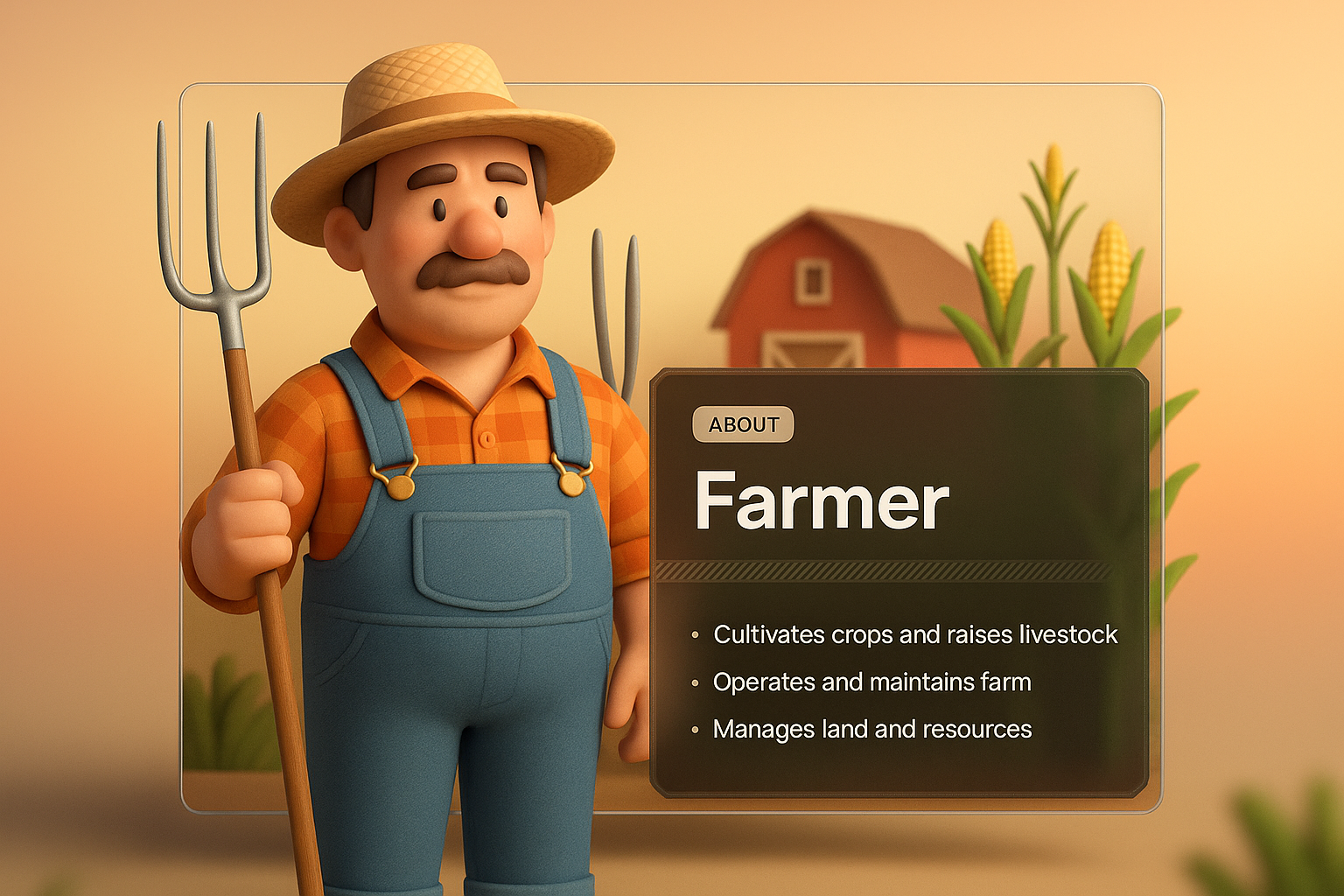 3D Farmer Illustration with Design Elements and Contextual Background