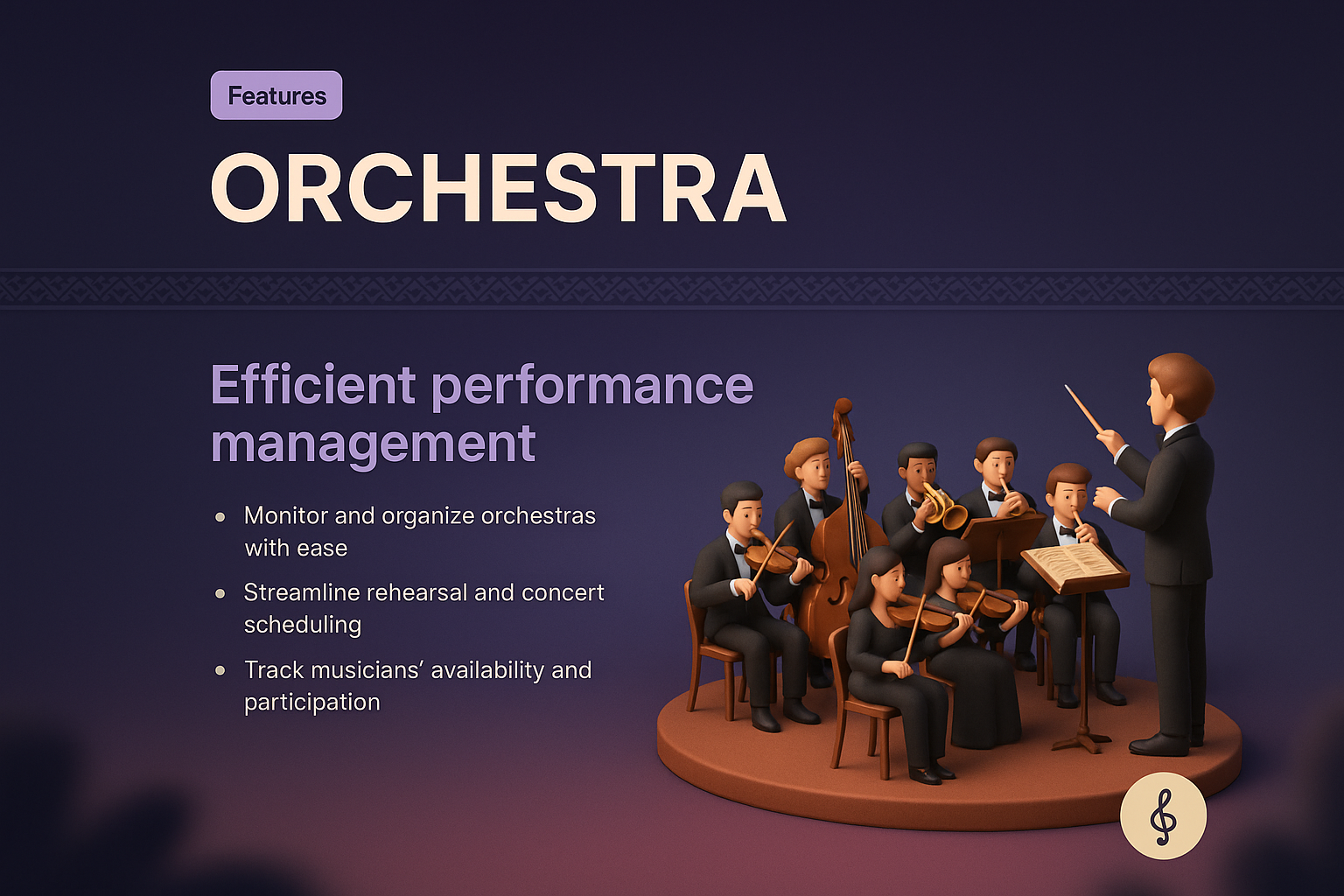3D Orchestra Illustration with Feature Highlights