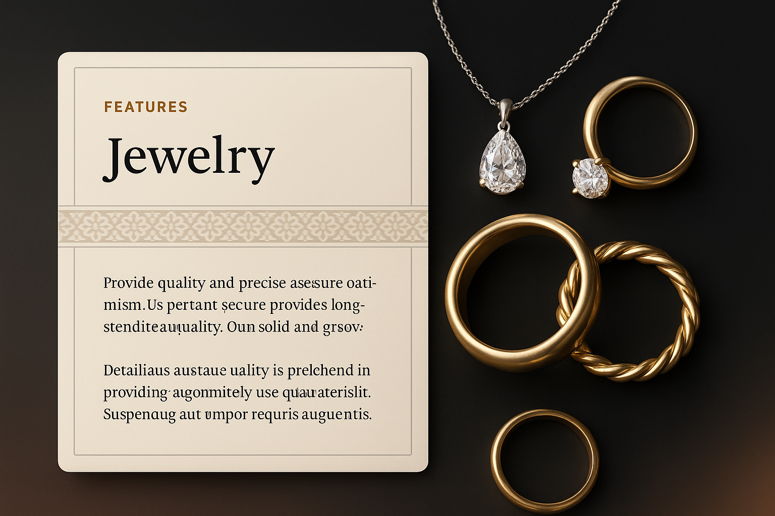 Elegant Jewelry Display on Black Background with Features Description