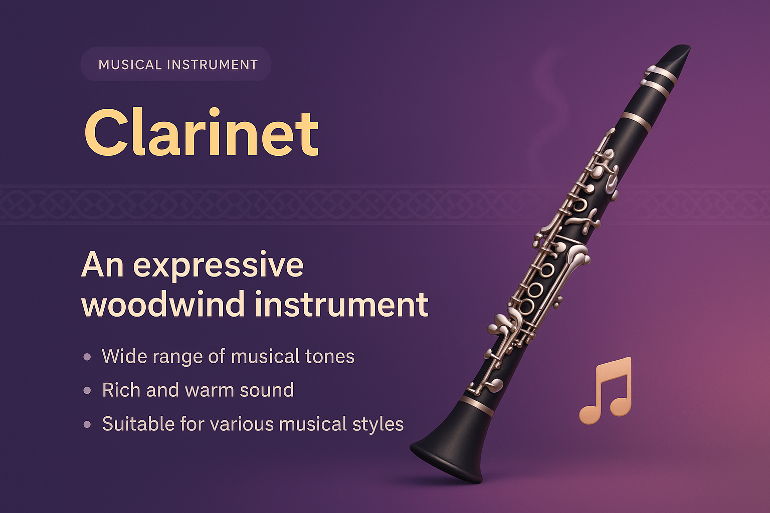 Stylish 3D Clarinet Illustration with Features Overview