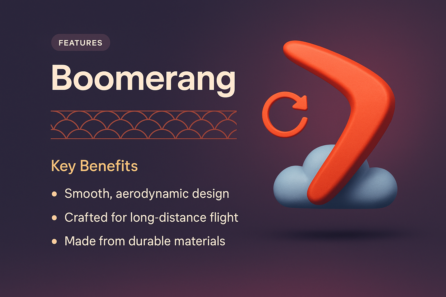 3D Boomerang Illustration with Key Features and Benefits