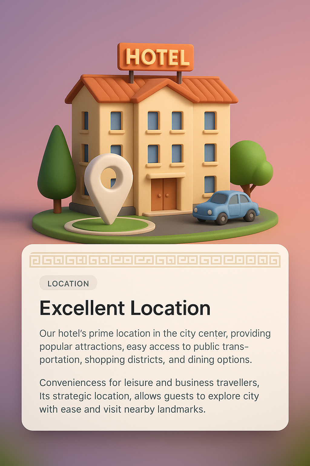 3D Illustration of a Hotel Location with Features