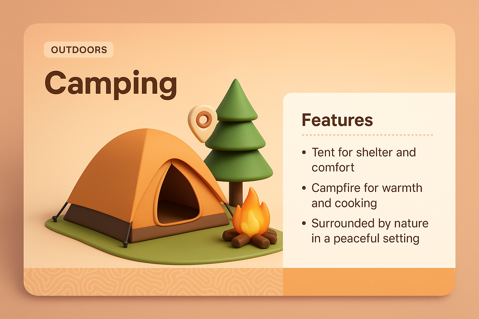 3D Camping Illustration with Features Overview