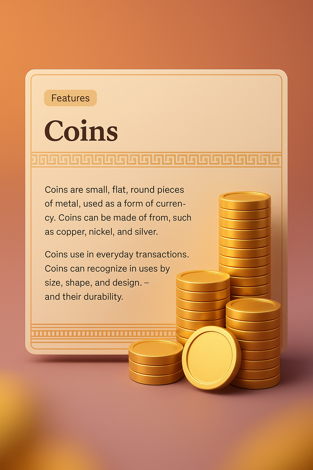 3D Coins Illustration with Detailed Features Block