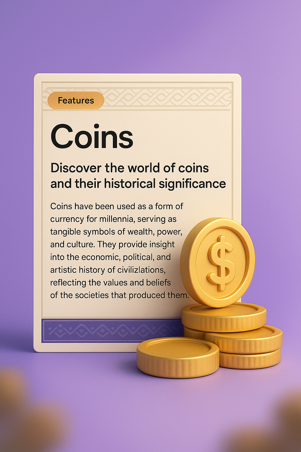 3D Coins Illustration with Informative Features Block