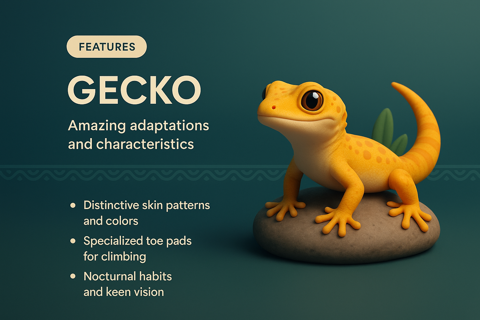 Vibrant 3D Gecko Illustration with Features Description
