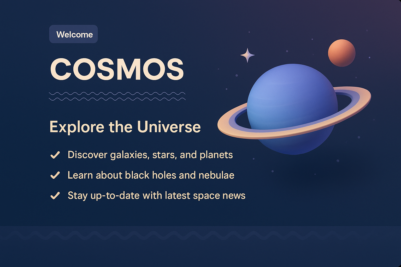Cosmic Landing Page Featuring 3D Universe Elements