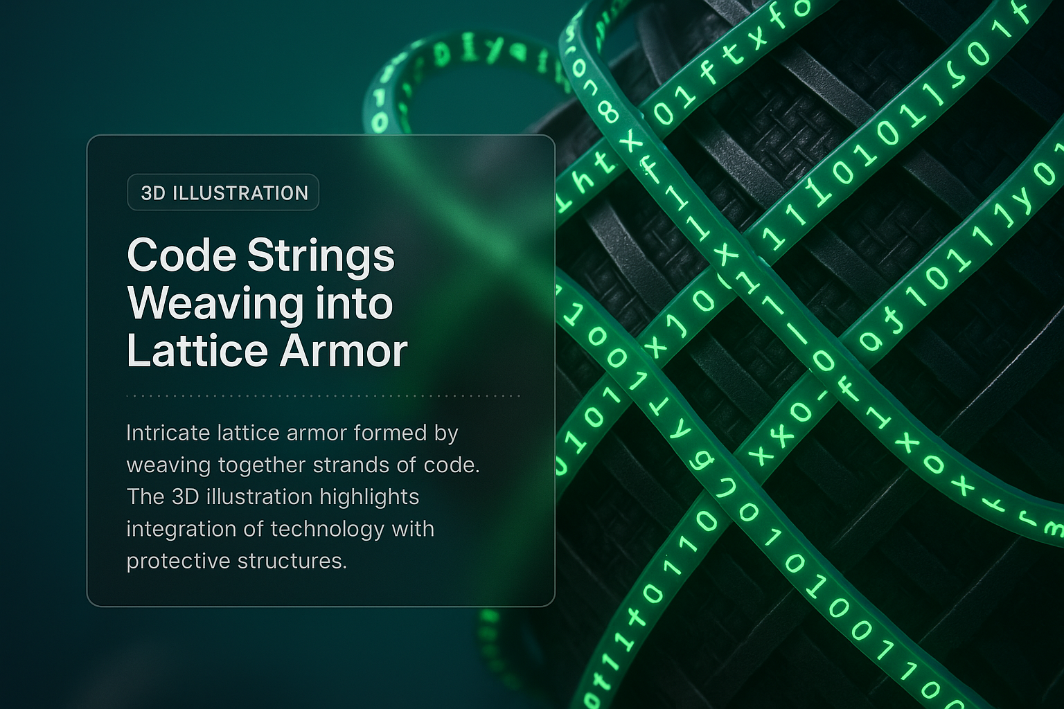 3D Illustration of Code Strings Weaving into Lattice Armor