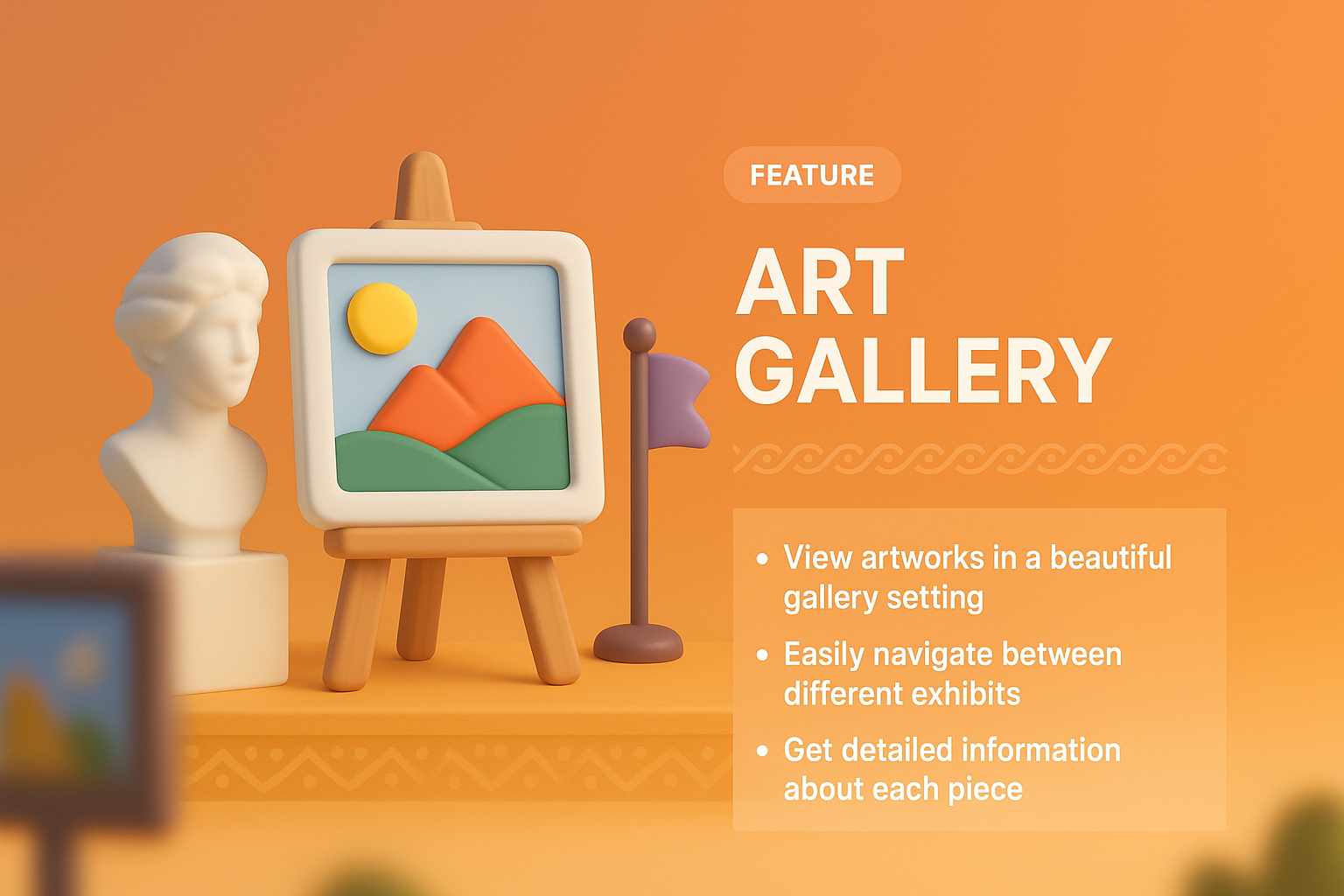 3D Art Gallery Visual with Features and Text Blocks