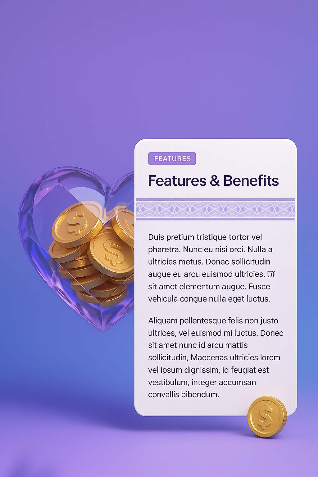 Crystal Heart Filled with Tokens - Features & Benefits Display