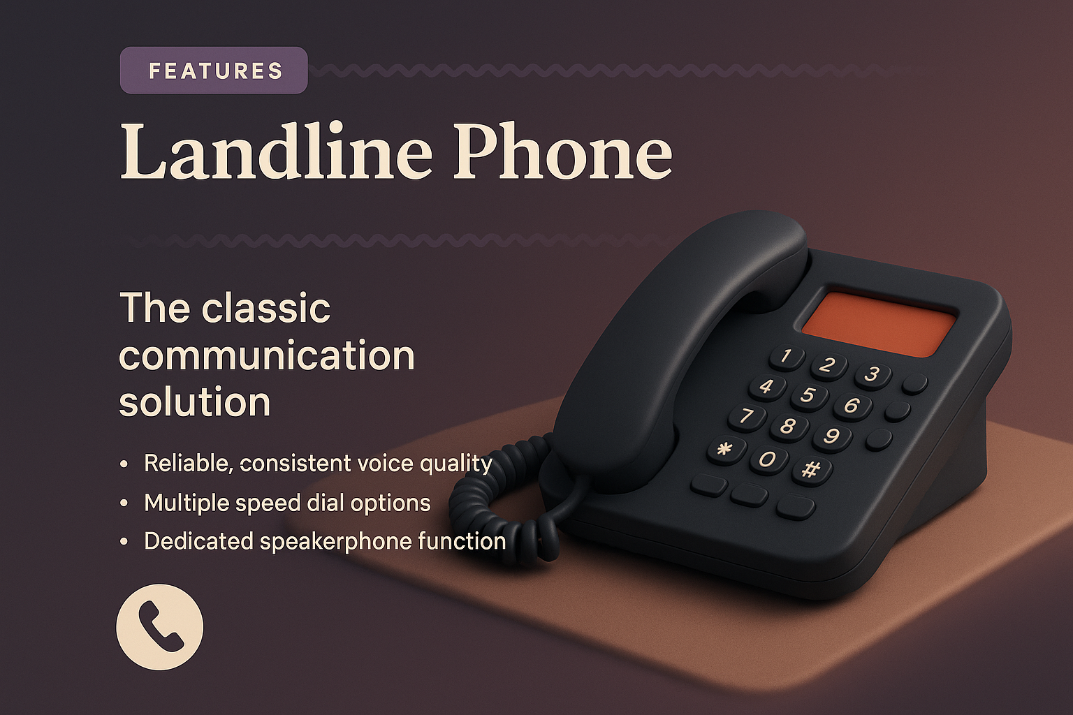 3D Illustration of a Landline Phone with Features Highlighted