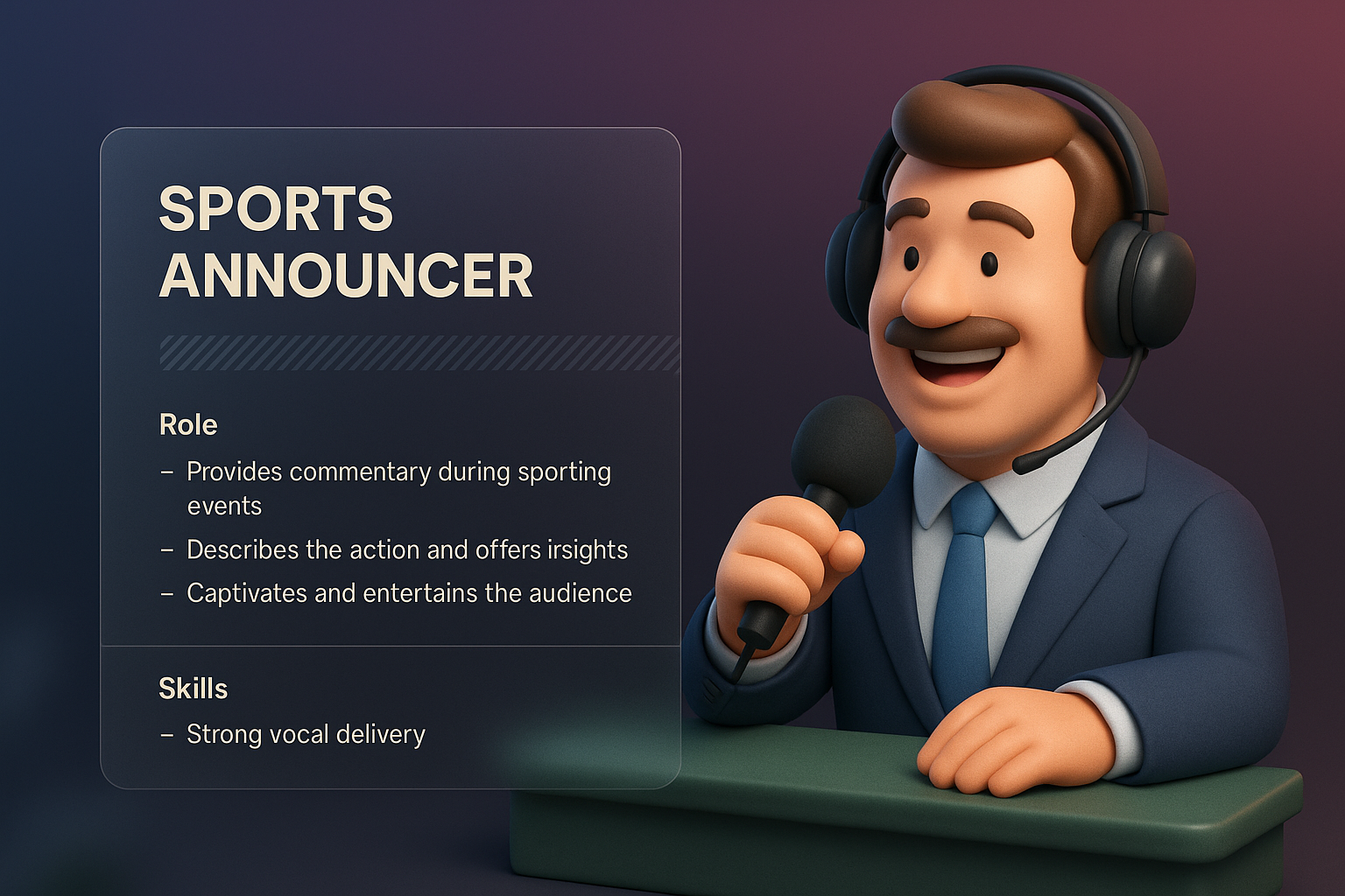 Dynamic Sports Announcer Illustration with Layered Design