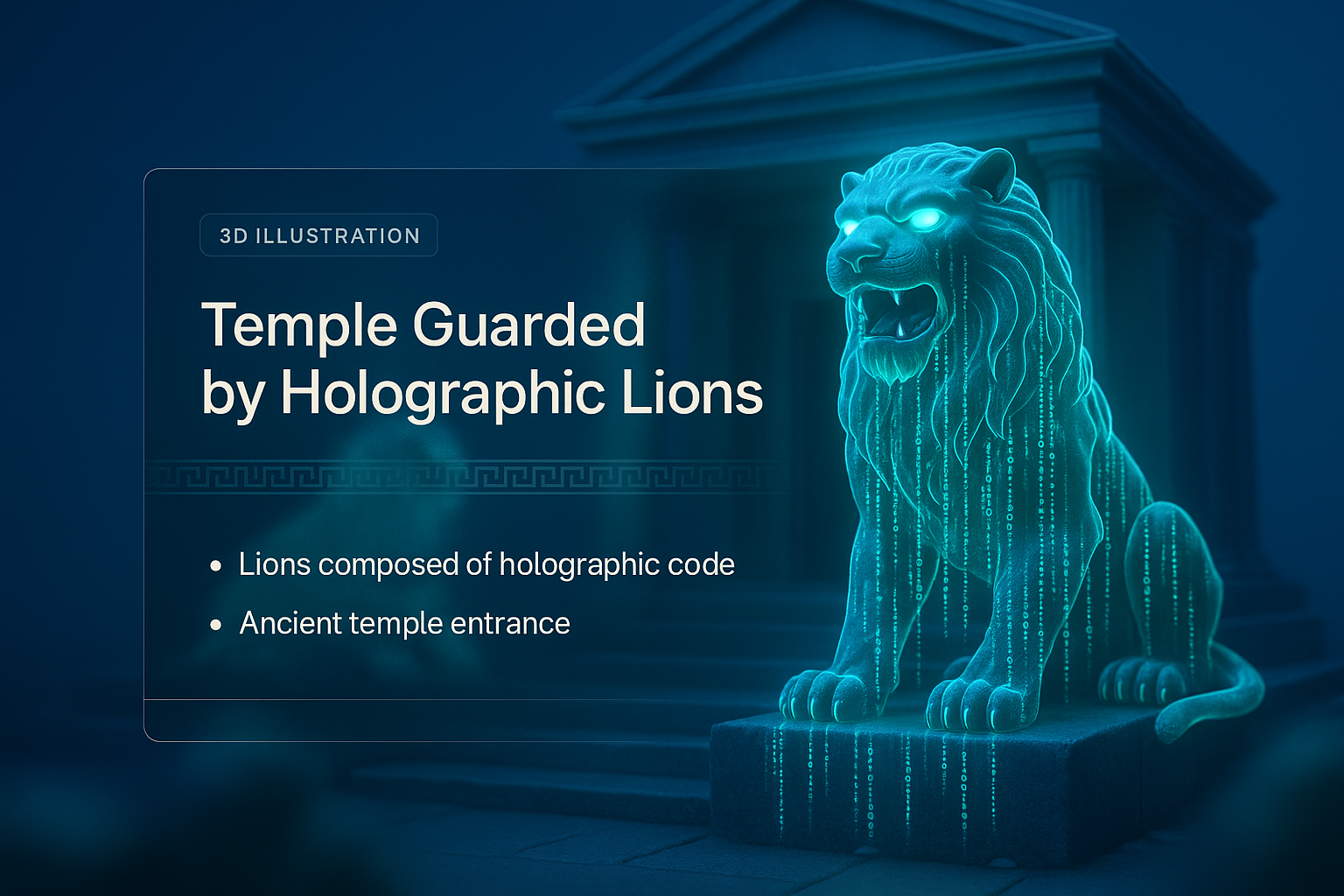 3D Illustration of Temple Guarded by Holographic Lions