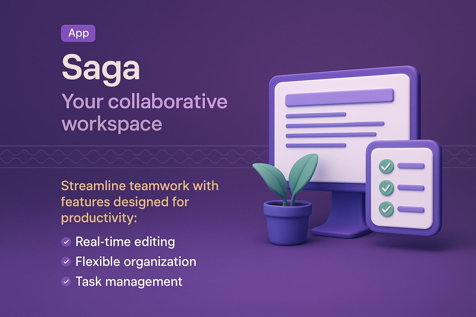 3D Illustration Landing Page for Saga App Features