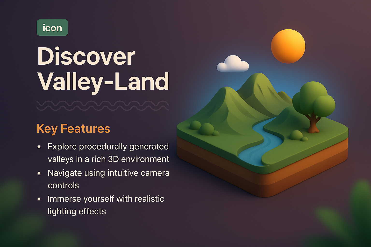 3D Illustration of Valley-Land with Key Features Highlighted
