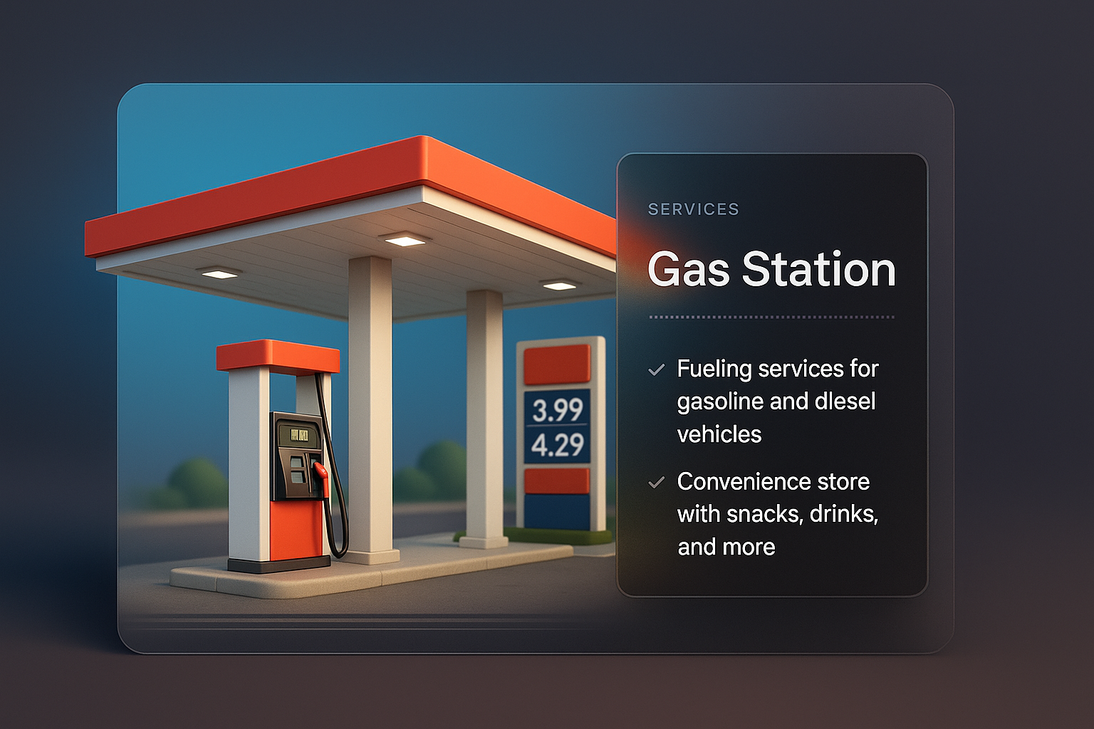 3D Illustration of a Modern Gas Station with Services