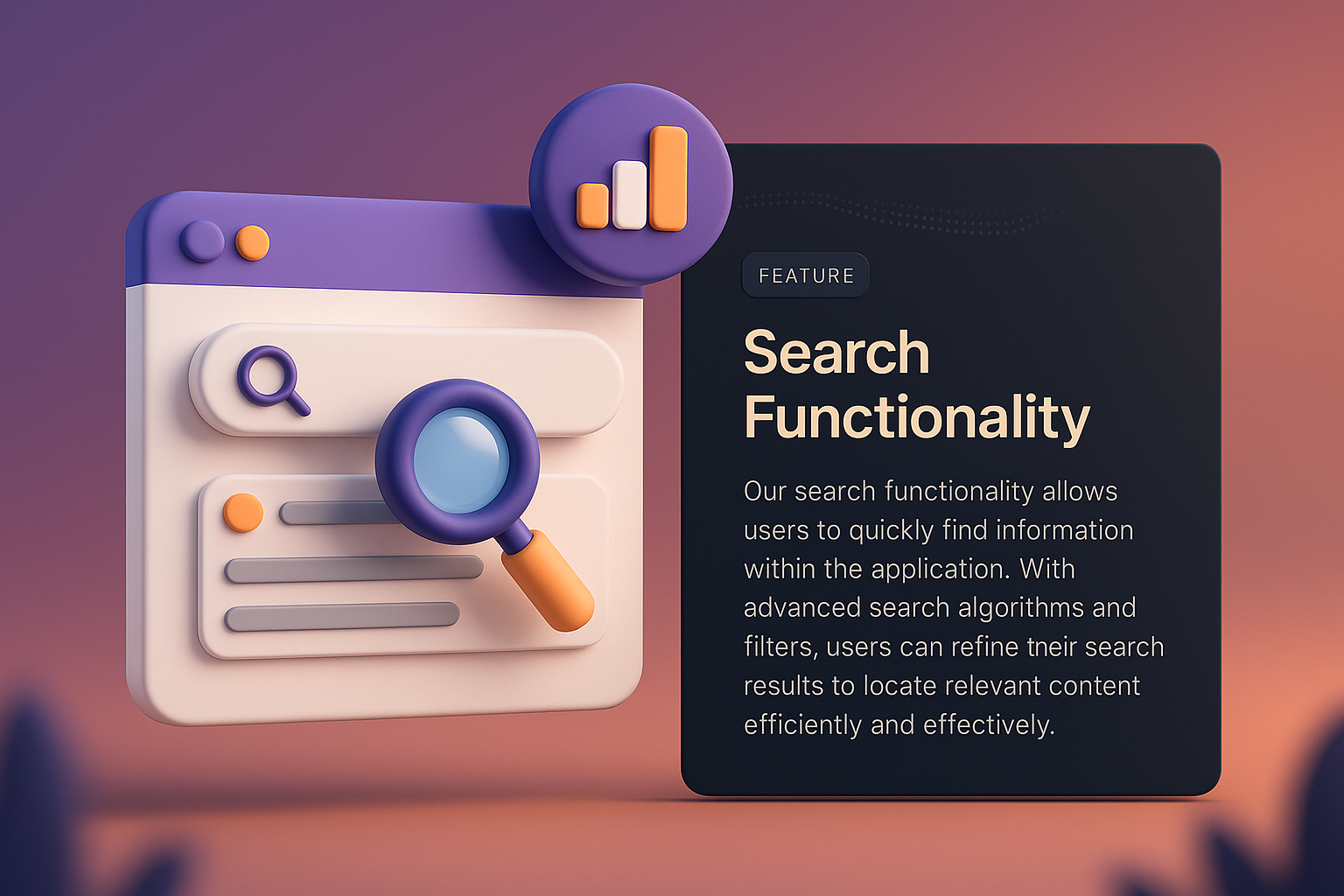 3D Web Design Illustration Featuring Search Functionality