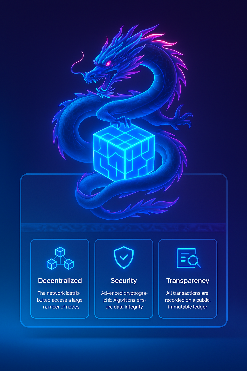 Neon Dragon Wrapped Around a Glowing Blockchain Illustration