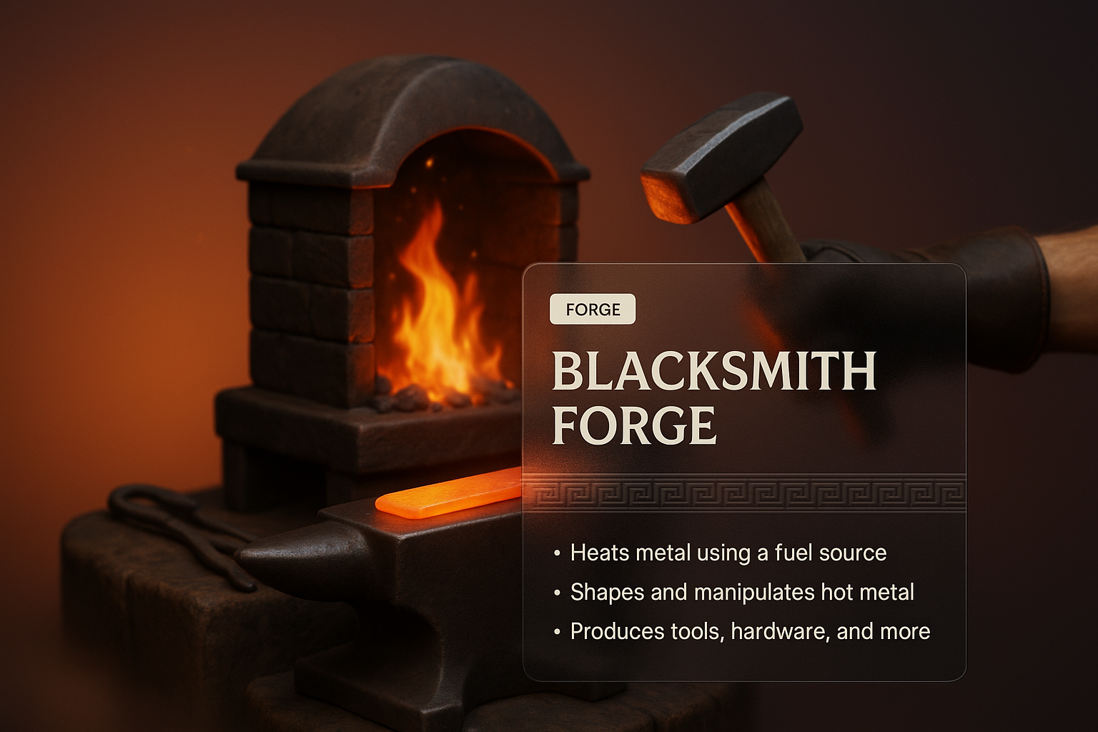 Realistic 3D Blacksmith Forge Illustration with Informative Overlay