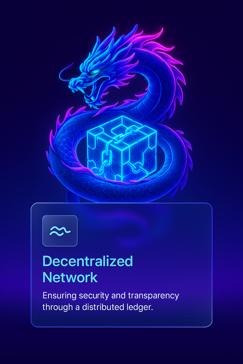 Neon Dragon Coiled Around Glowing Blockchain Illustration