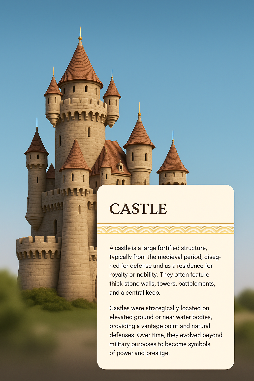 3D Illustration of a Historical Castle with Informative Overlay