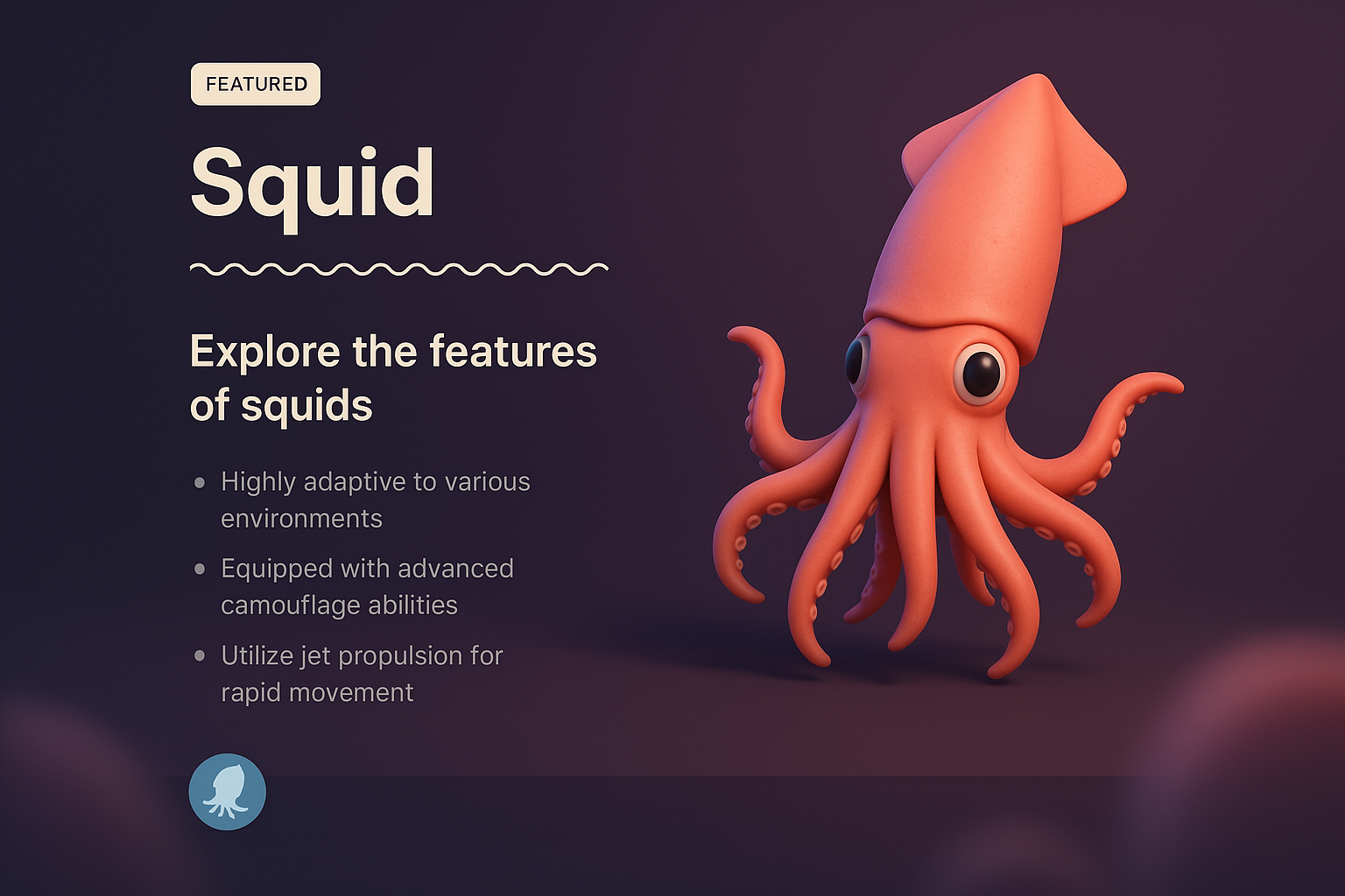 Colorful 3D Illustration of a Squid with Feature Highlights