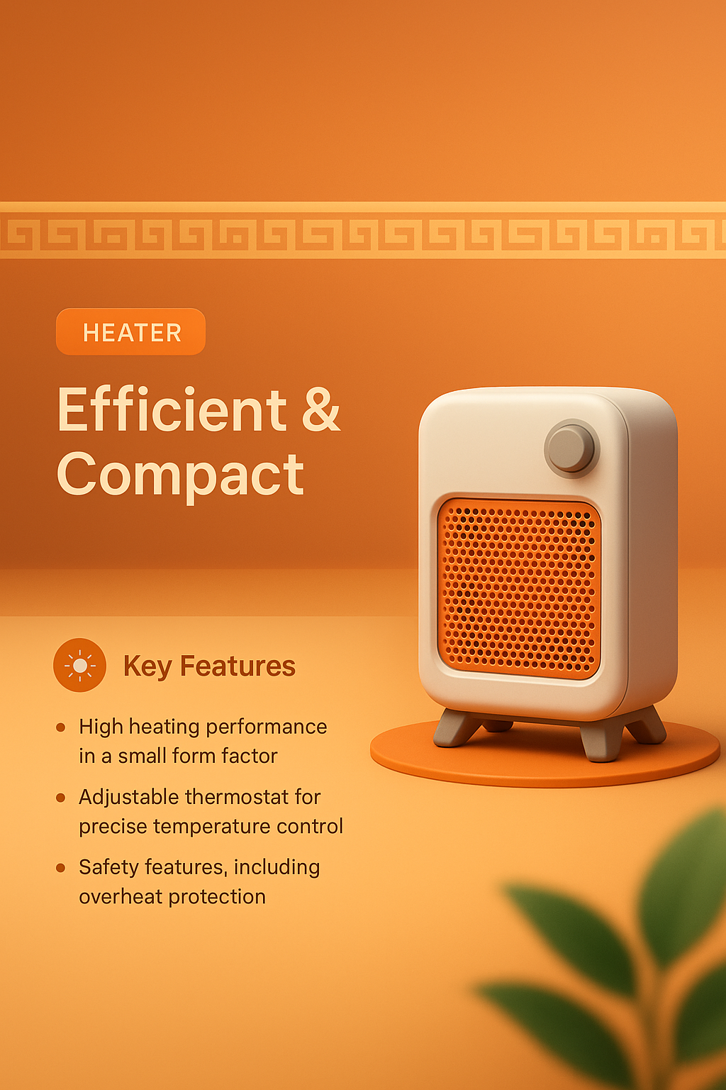 3D Illustration of a Compact Heater with Key Features Display