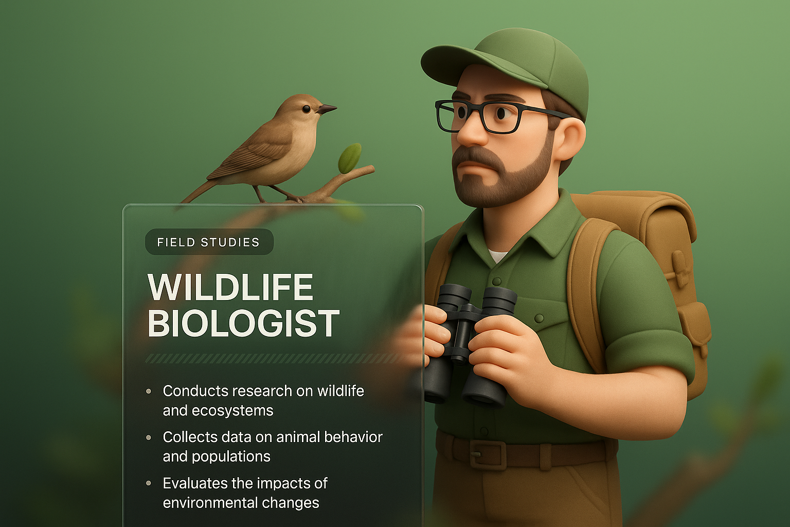3D Wildlife Biologist Illustration with Integrated Design Elements