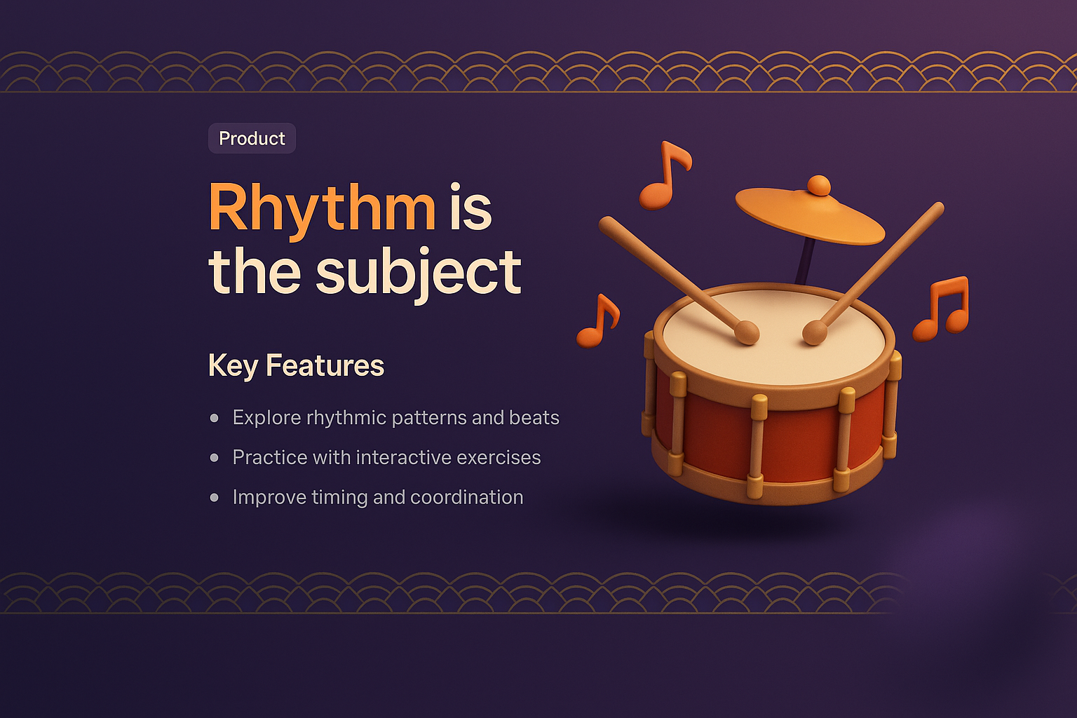 Rhythmic Landing Page Design Featuring 3D Drum Illustration