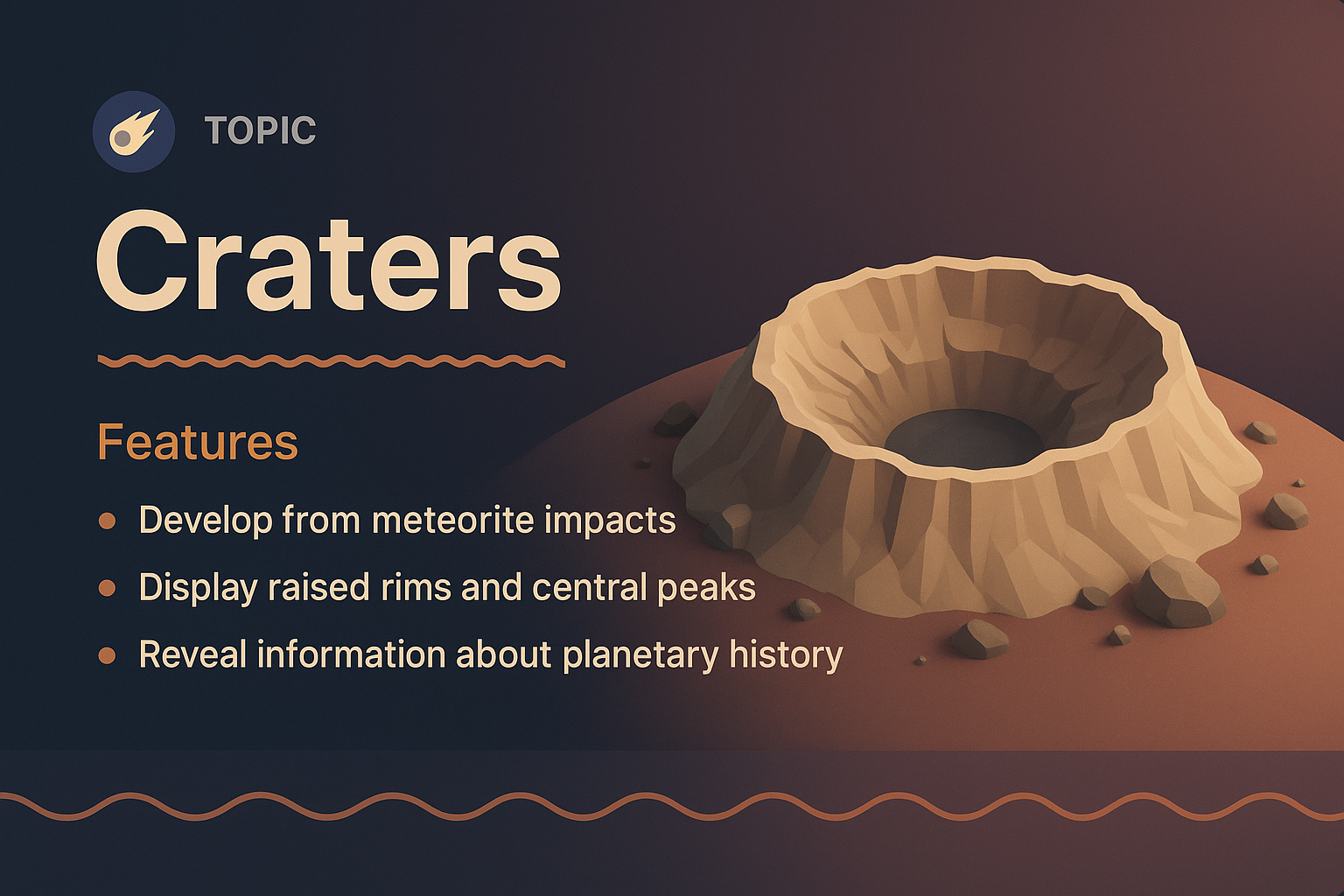 3D Illustration of Meteorite Craters with Features Description
