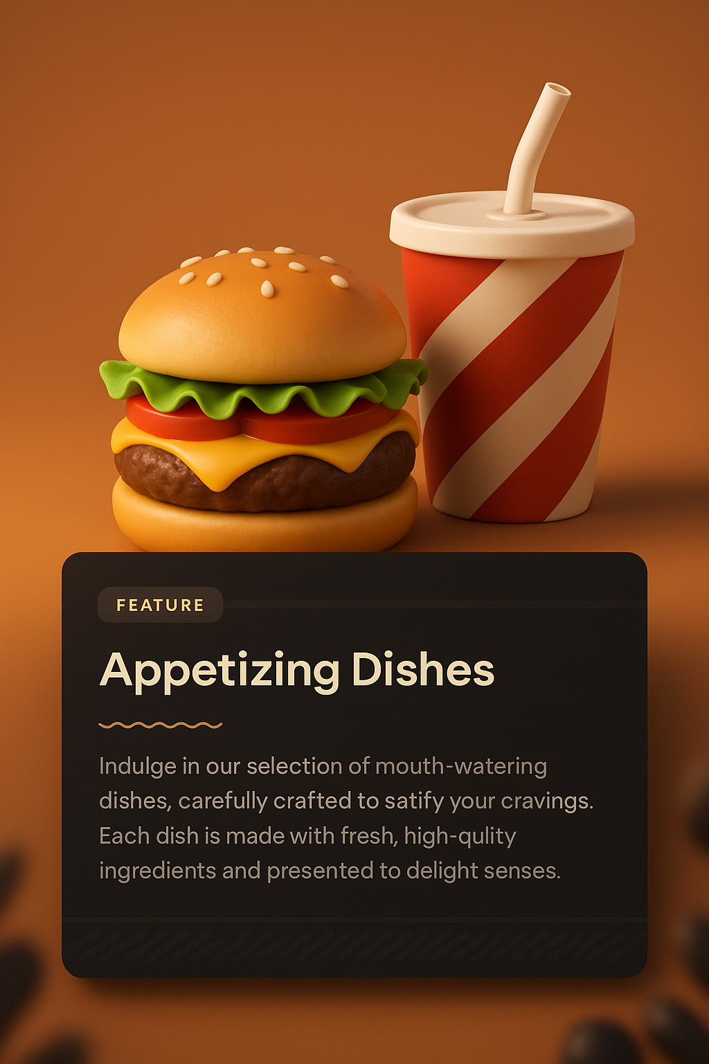 3D Illustration of Appetizing Food Block with Drink