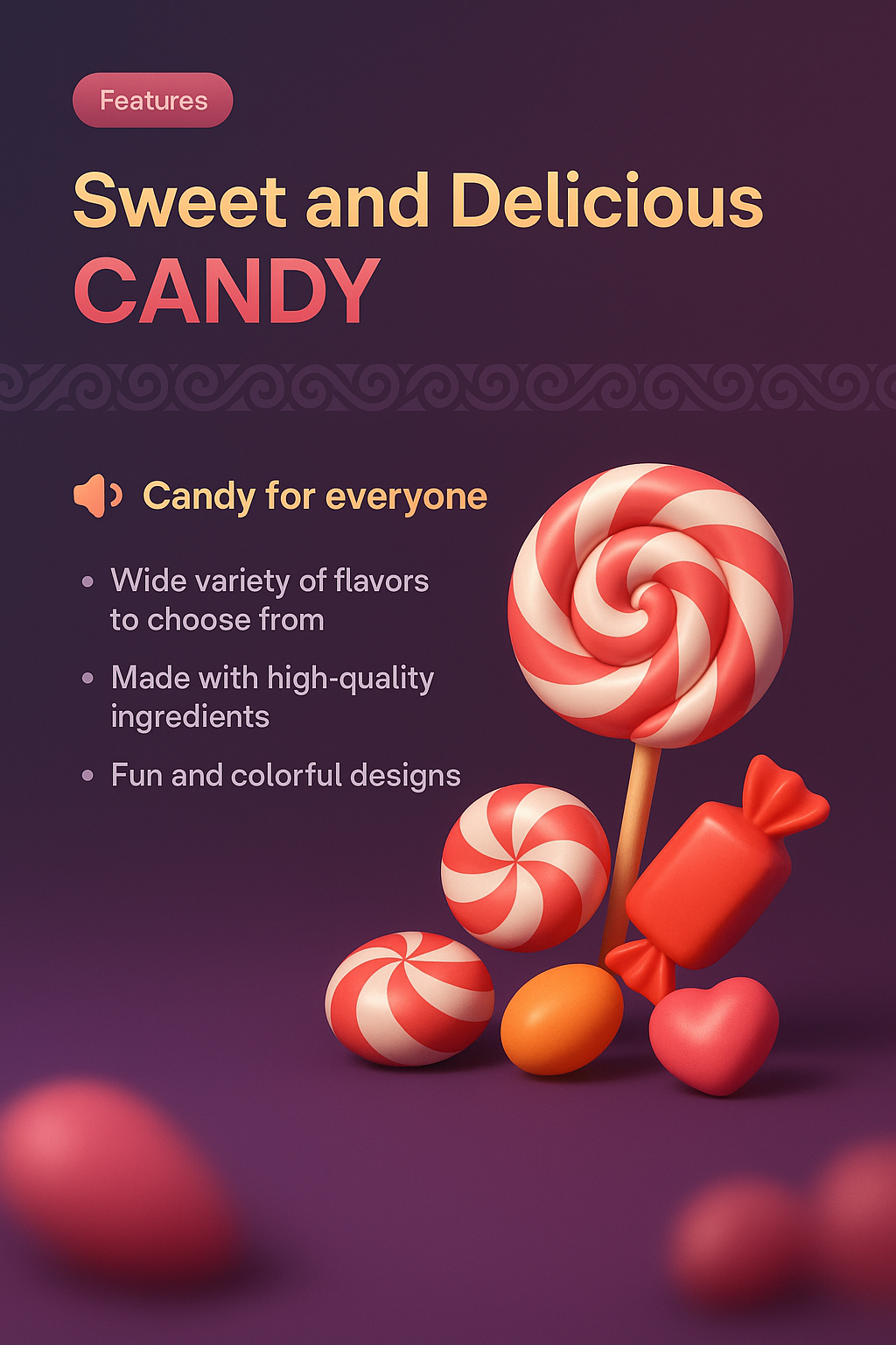 3D Candy Design with Features and Description