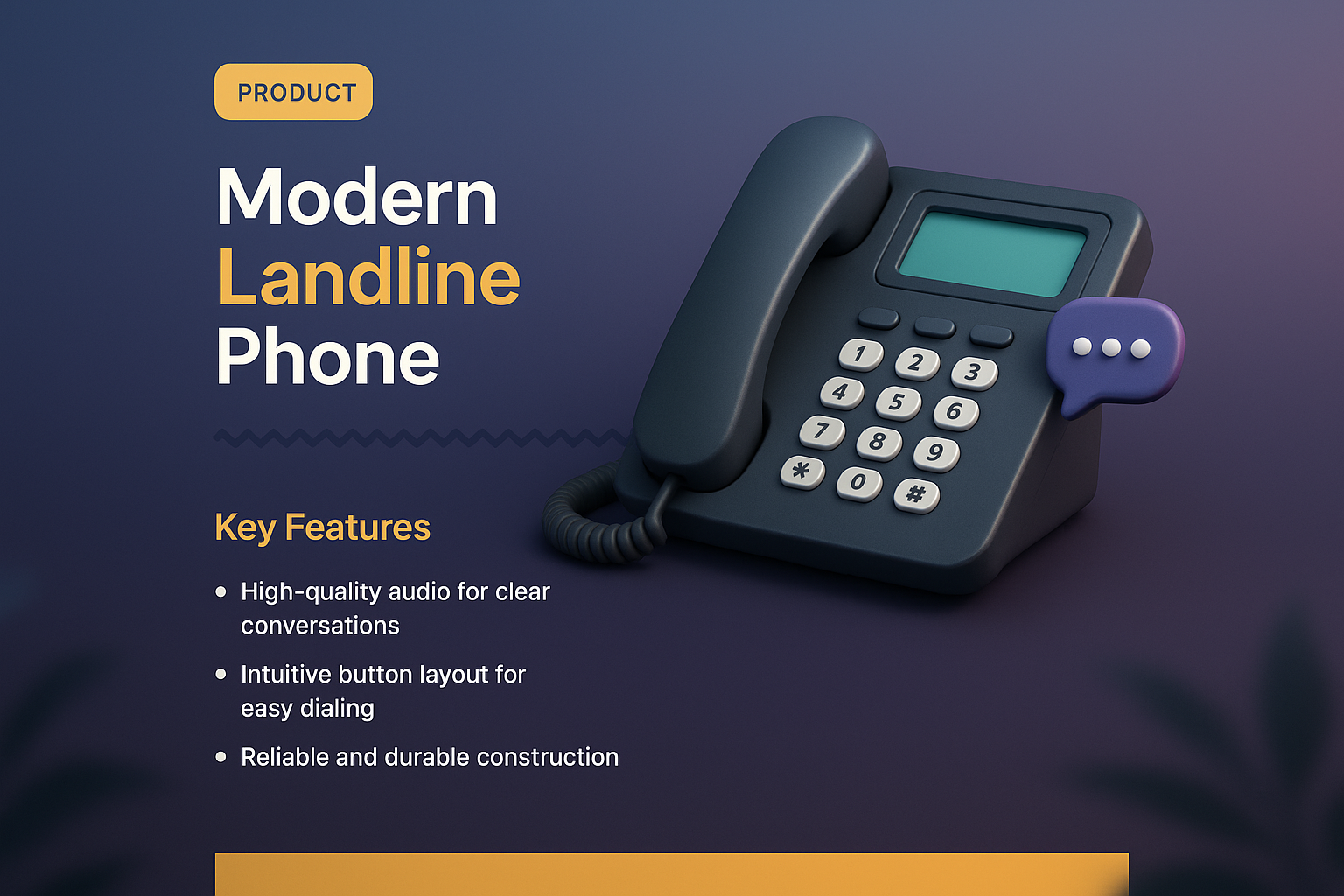 3D Illustration of a Modern Landline Phone with Key Features