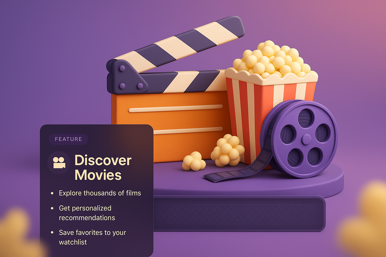 3D Movie Design with Clapperboard and Popcorn
