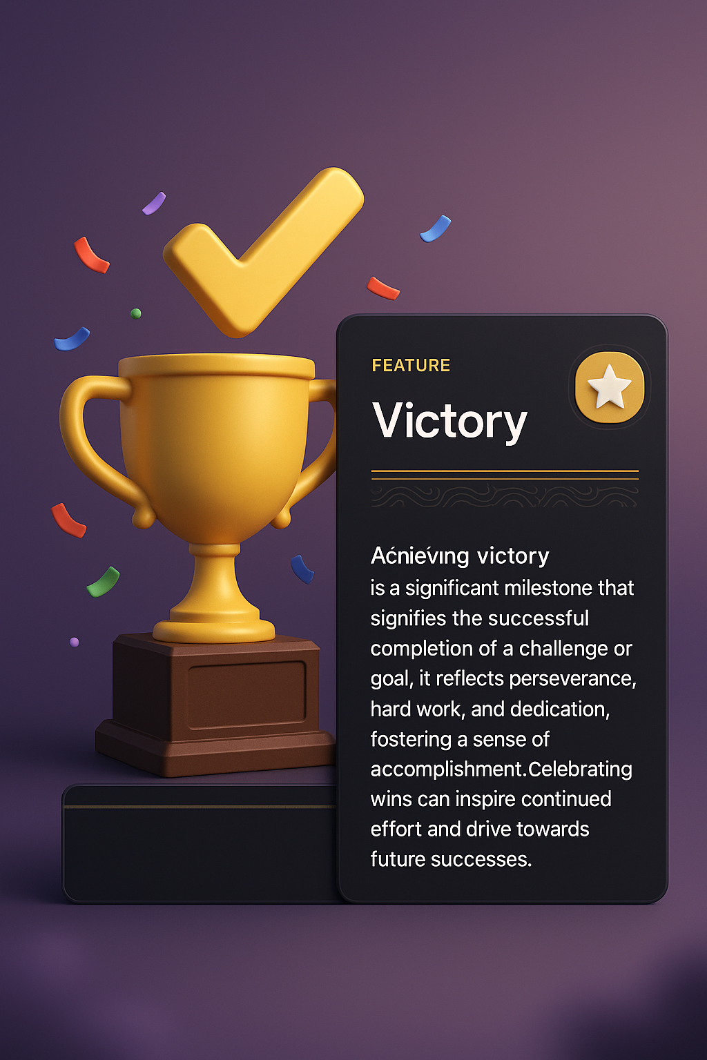 3D Illustration of Victory with Trophy and Feature Description