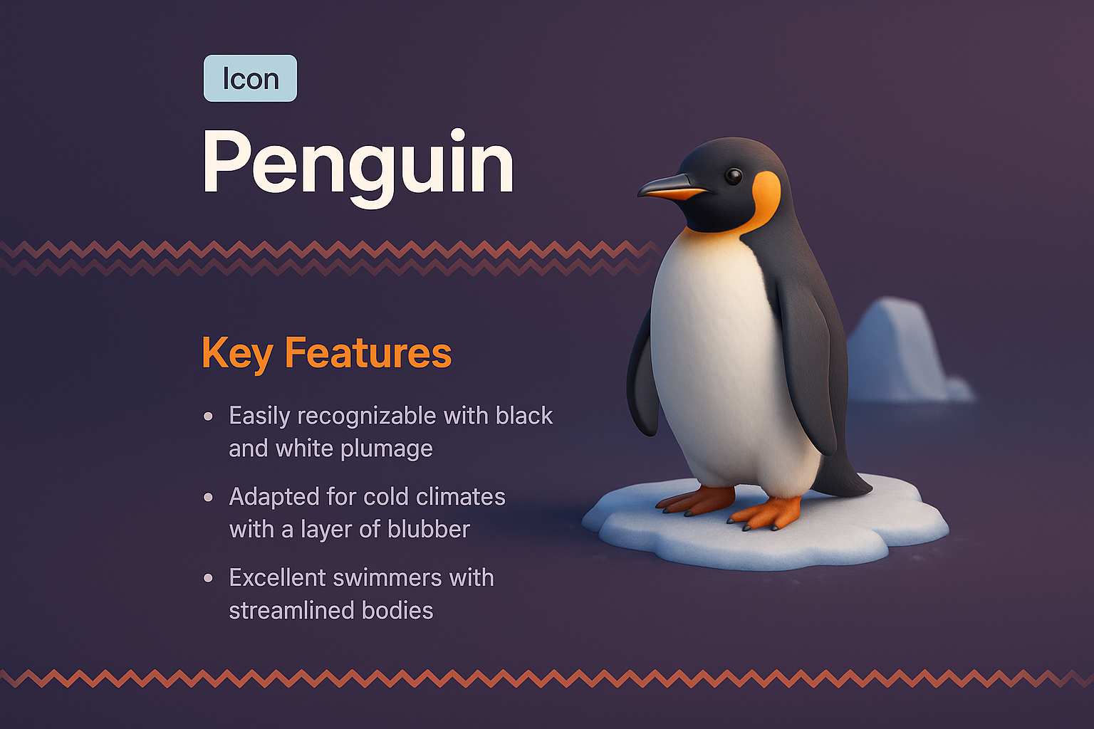 3D Penguin Illustration with Key Features Overview