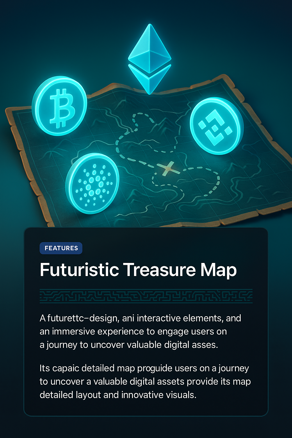 Futuristic Treasure Map with Glowing Crypto Symbols