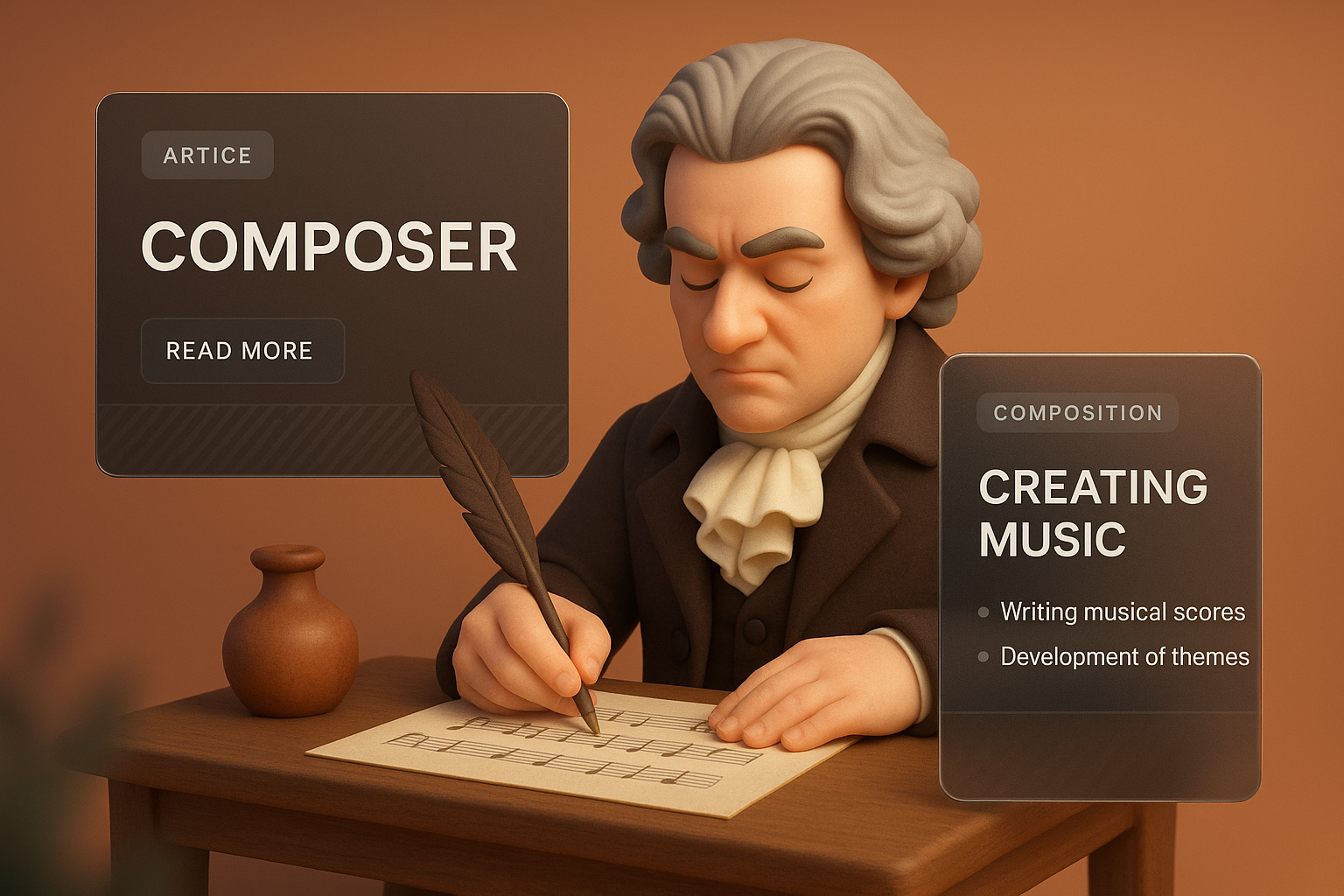 3D Illustration of a Composer Creating Music with Layered Design