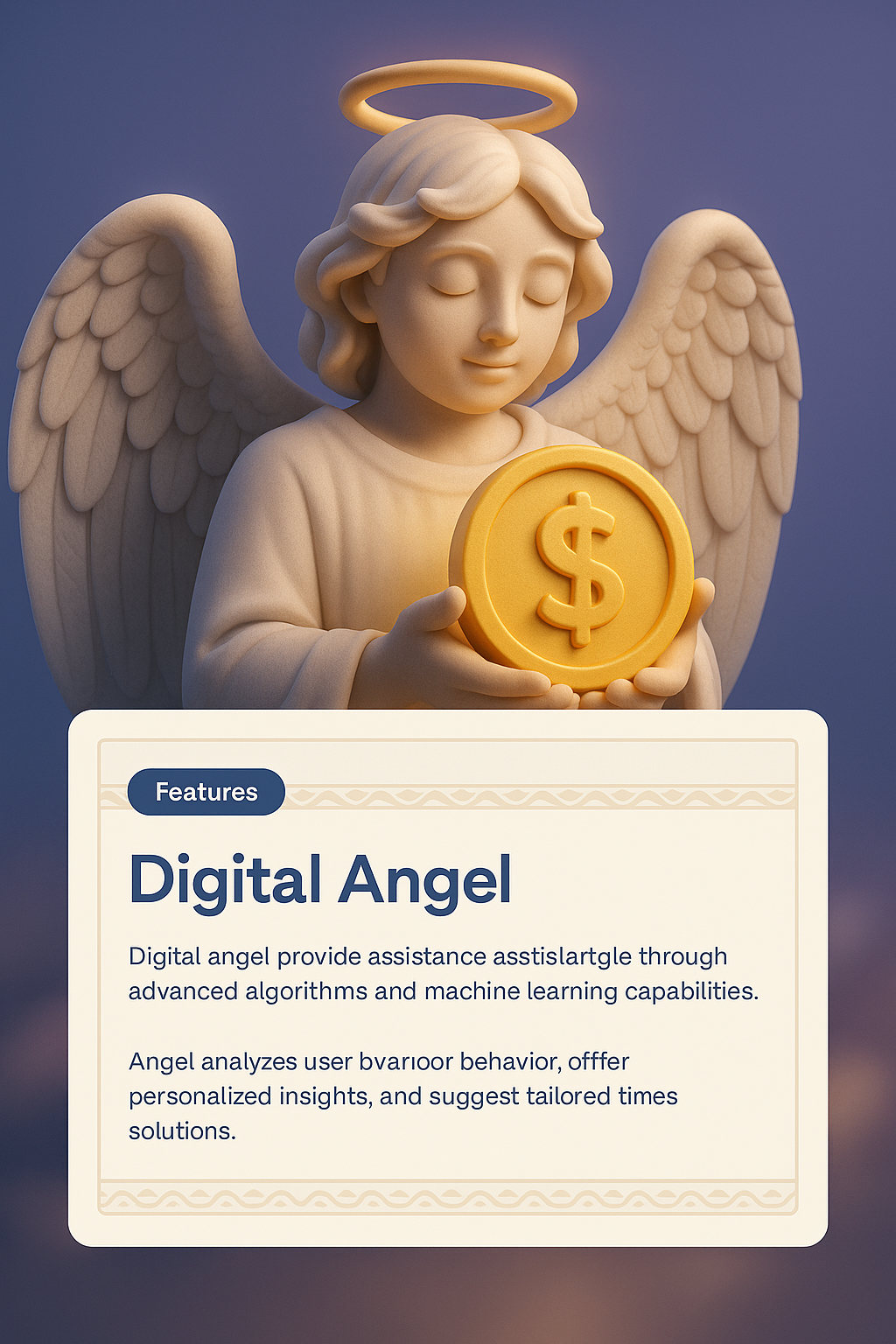 Digital Angel Holding a Glowing Coin in 3D Illustration