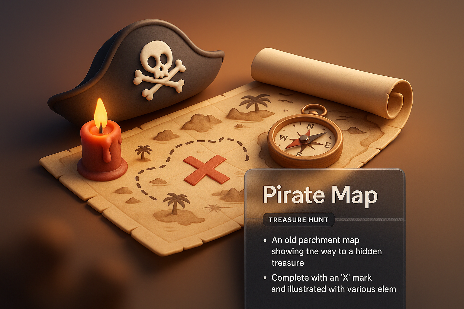 3D Pirate Map Illustration with Treasure Hunt Theme