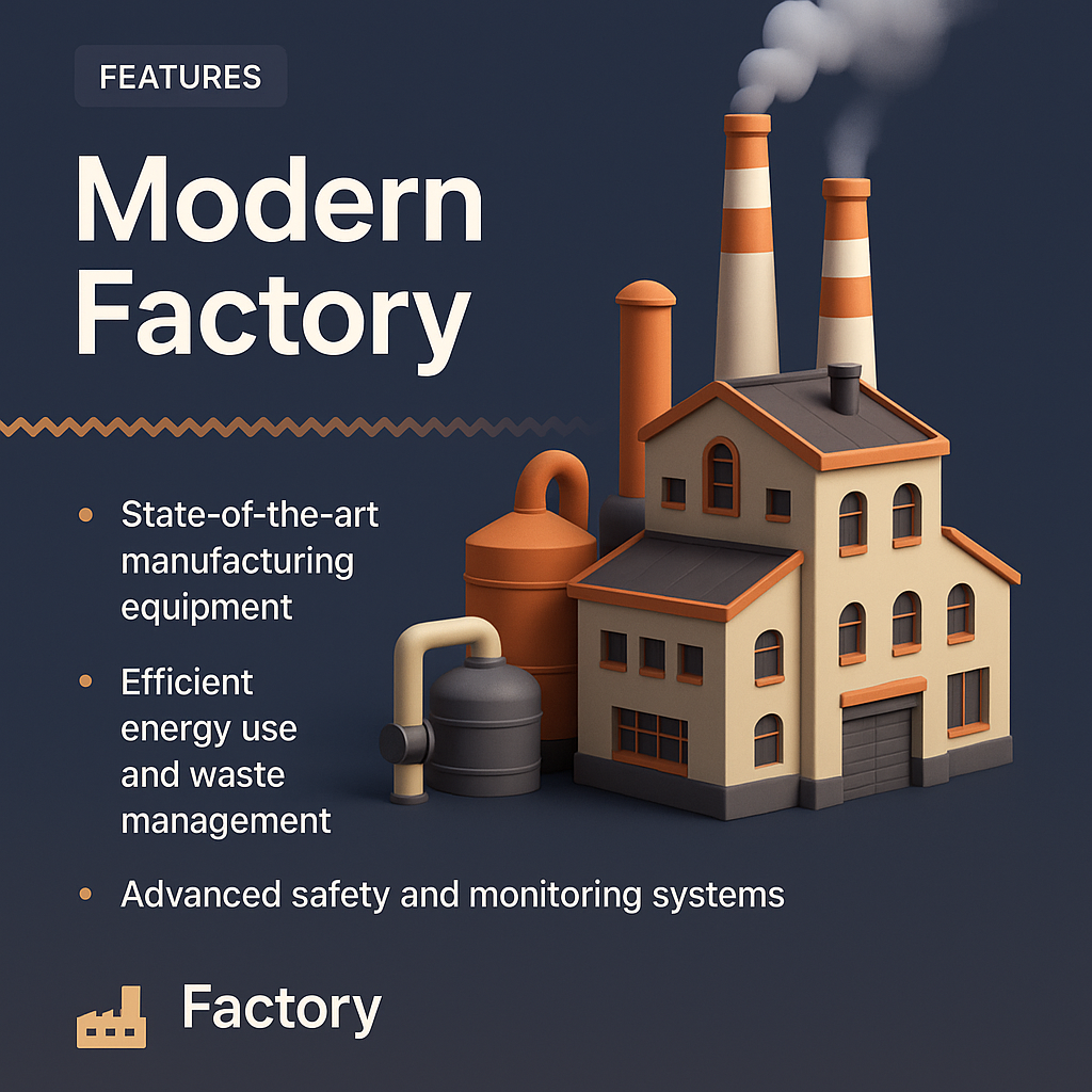 Modern Factory Overview with Key Features and 3D Illustration
