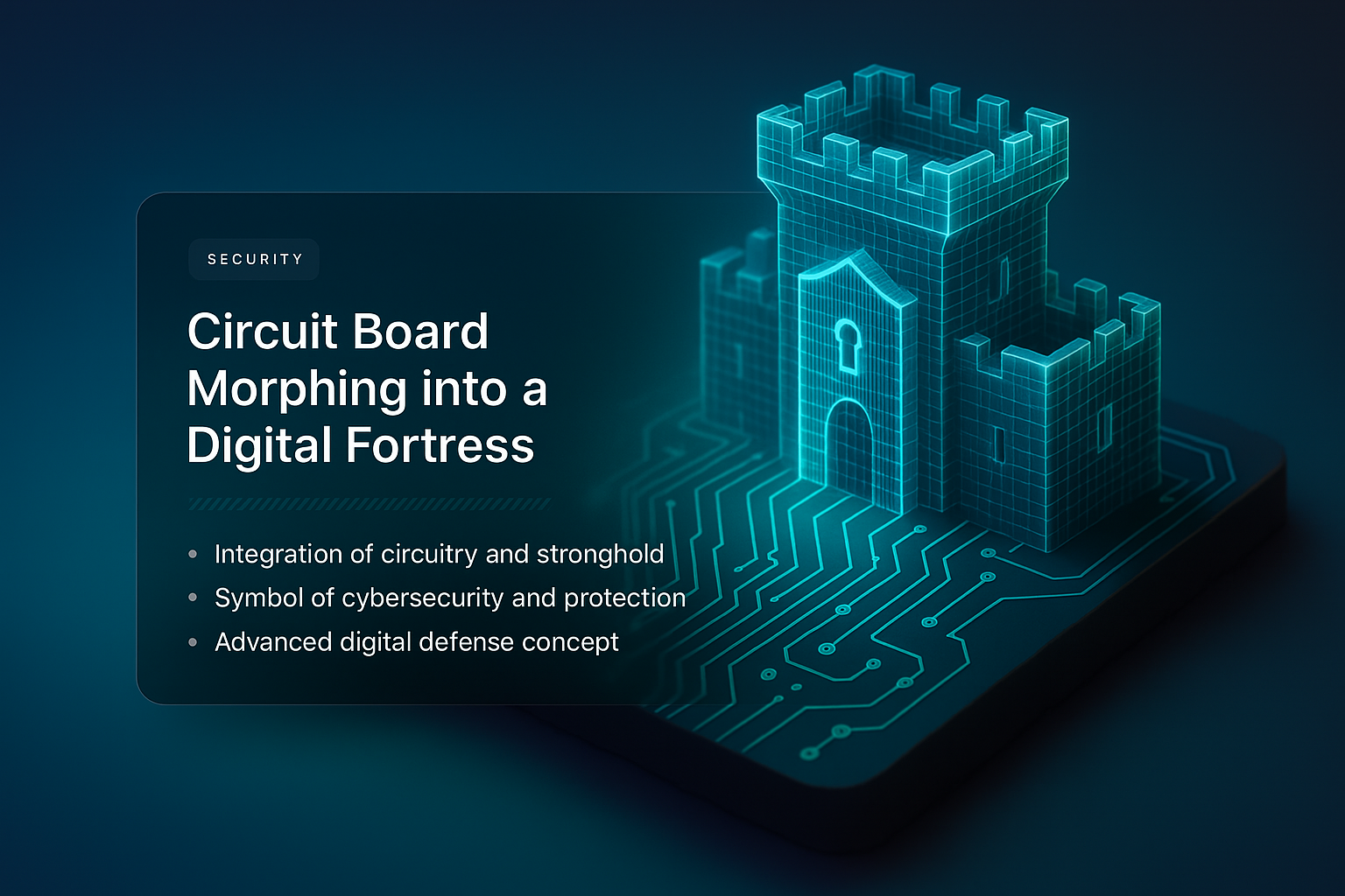 Circuit Board Transforming into a Digital Fortress Concept