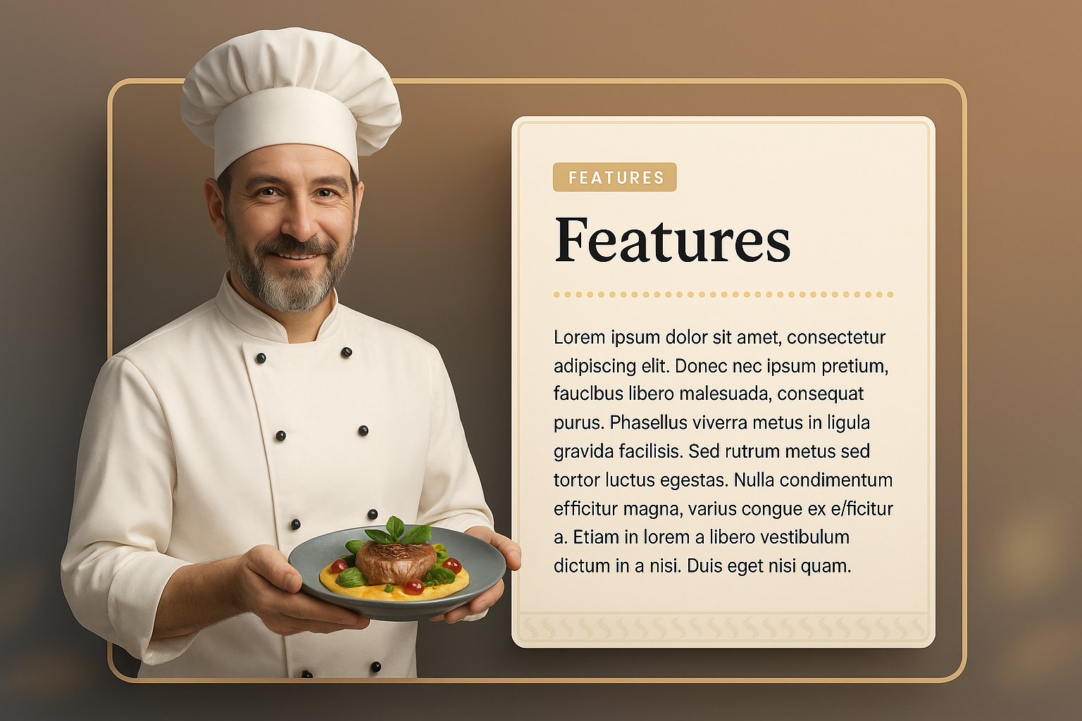 Chef Presenting a Gourmet Dish with Feature Highlights