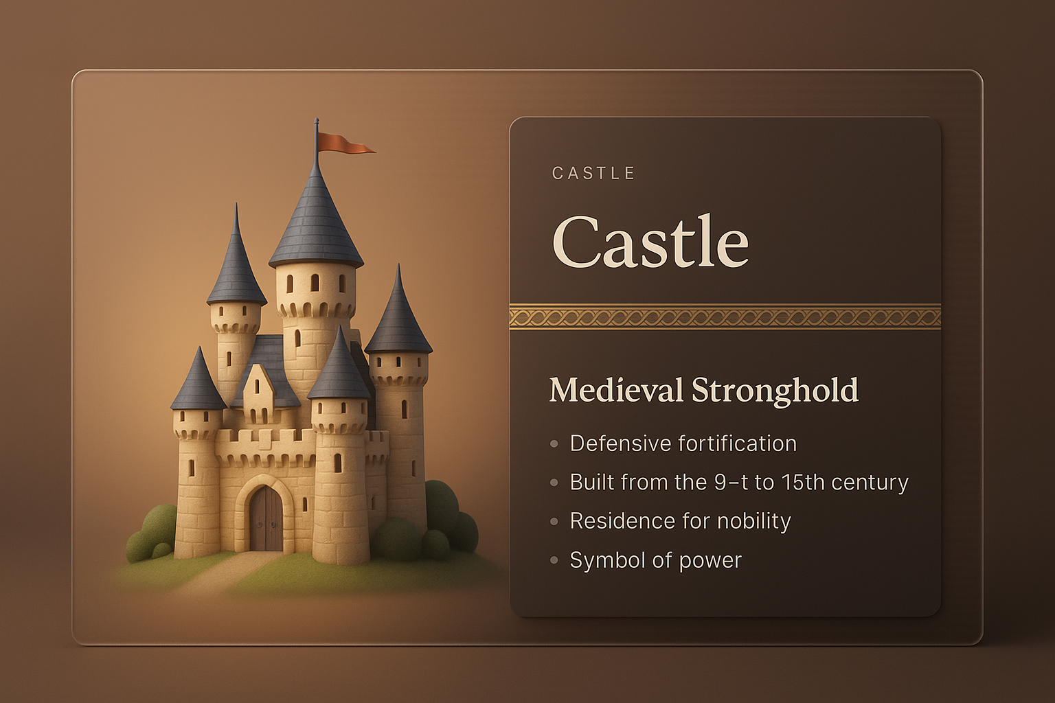 3D Illustration of a Medieval Castle with Info Panels