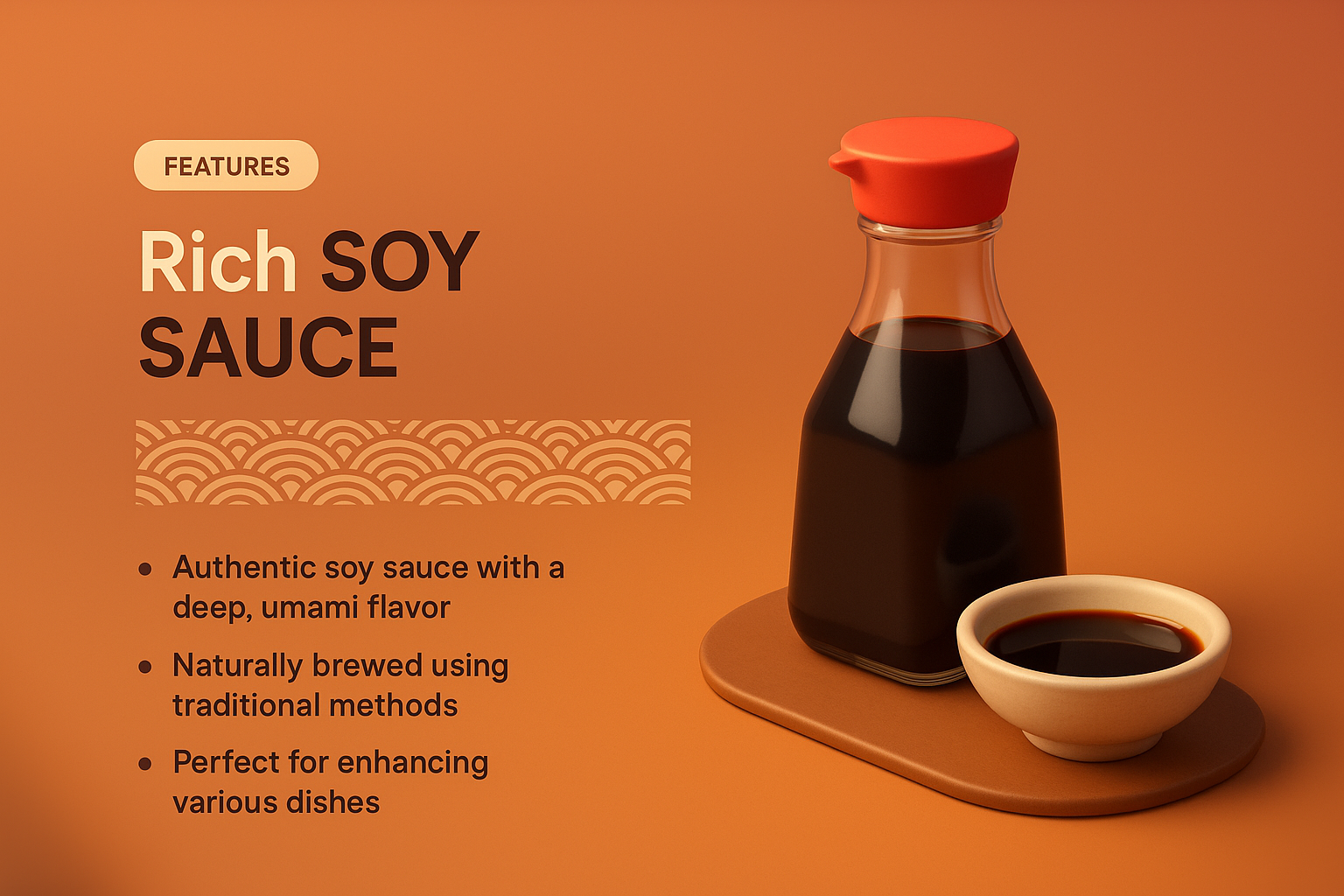 3D Illustration of Rich Soy Sauce with Features Overview