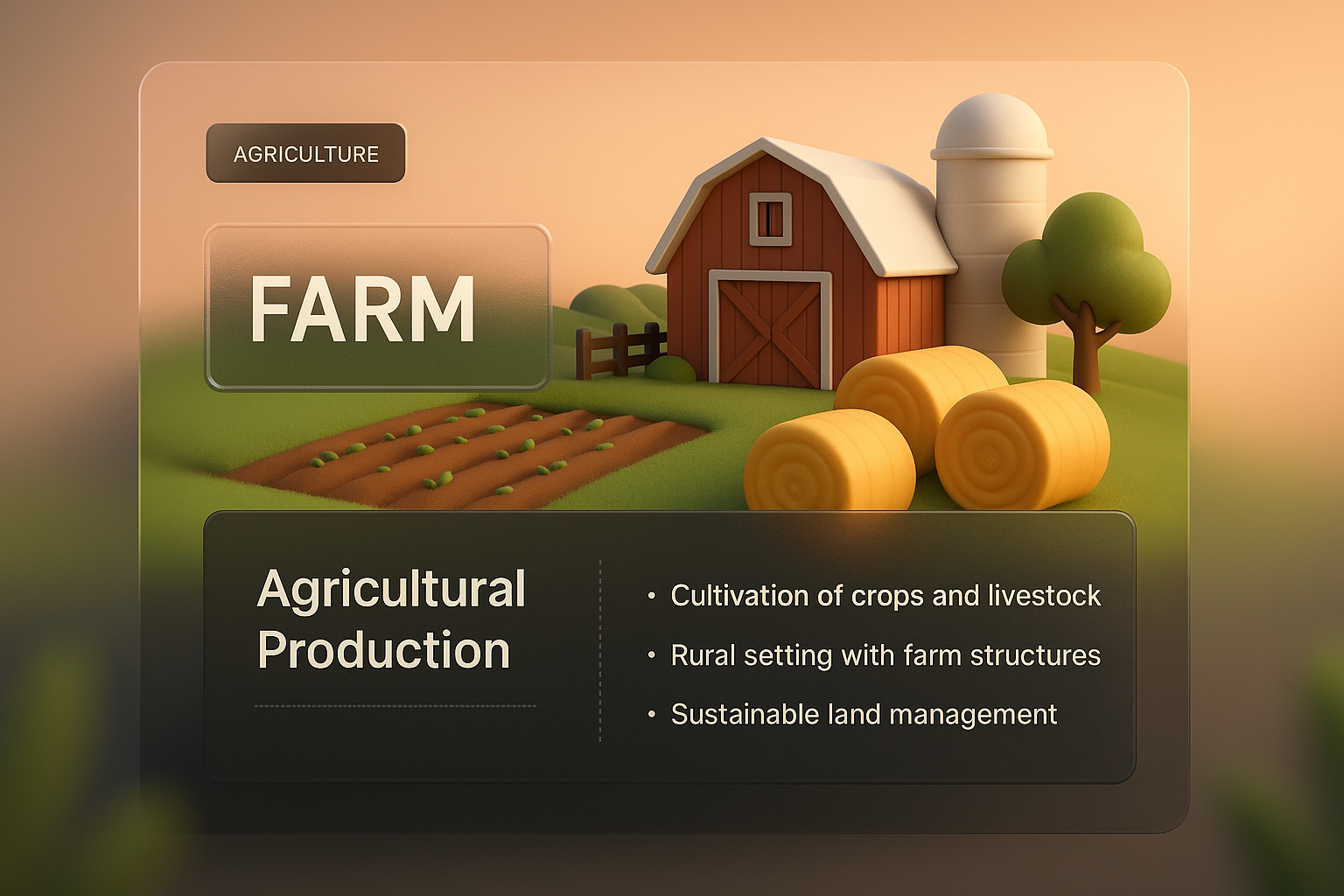 3D Illustration of a Farm with Integrated Text Blocks